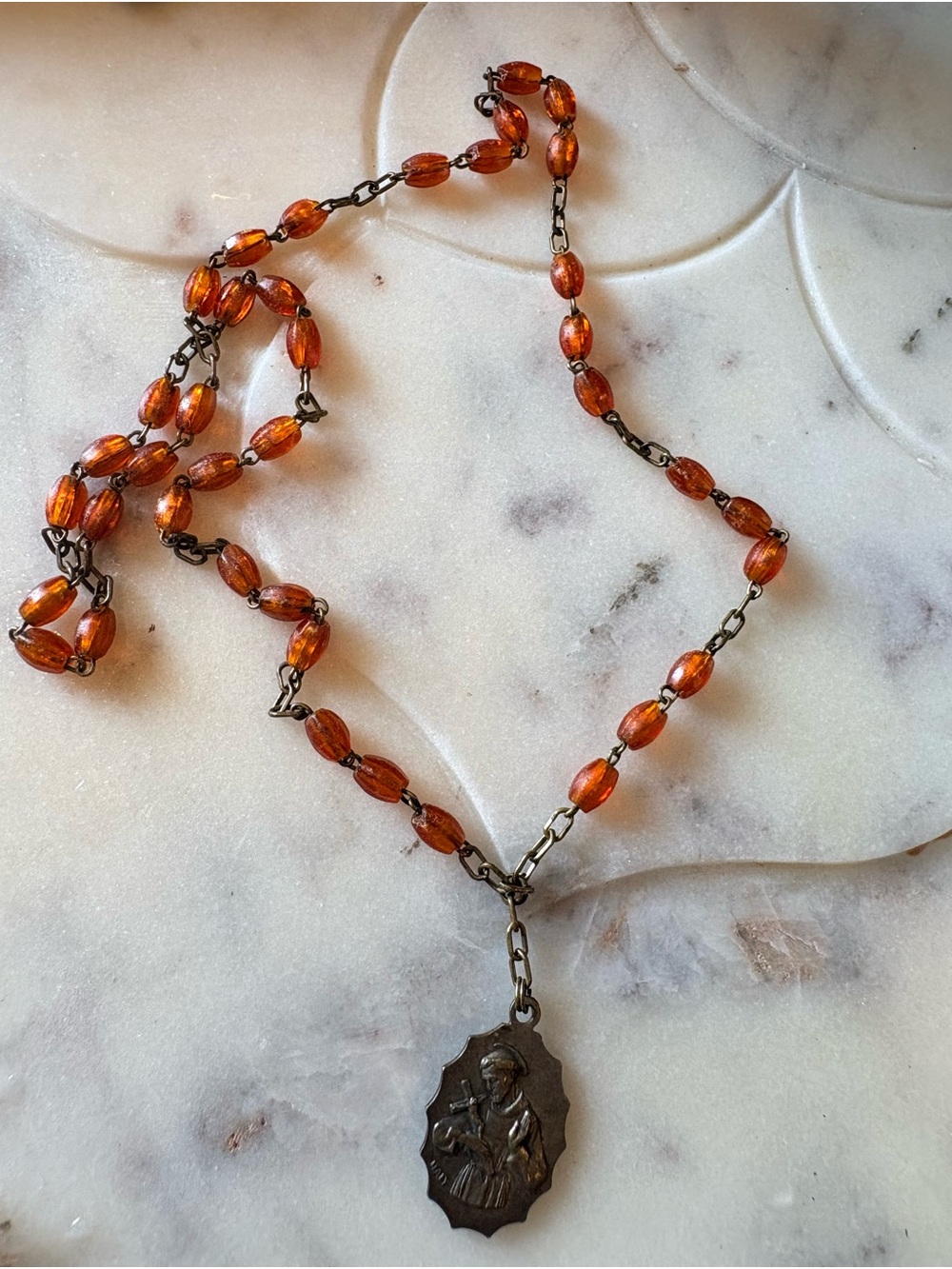 Vintage Amber Glass St. Anthony Chaplet Bead Religious Medal Necklace